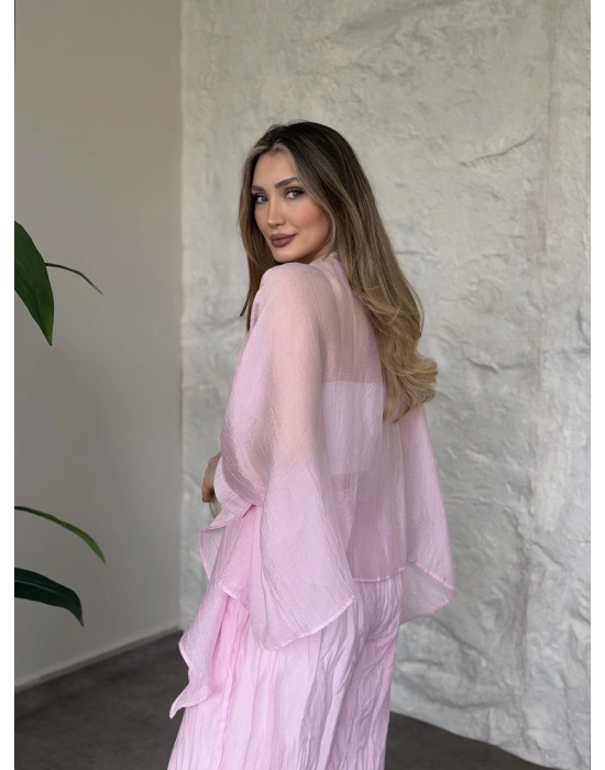 Kendinden kırışık görünümlü oversize takım pembe