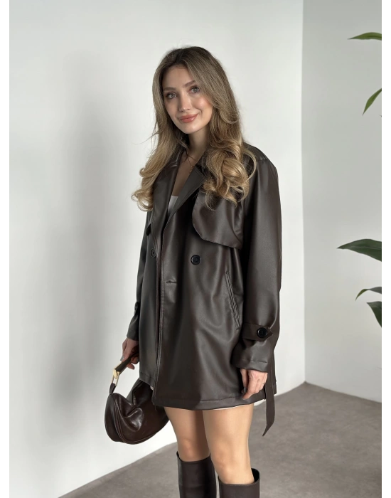 Ara boy belinden kuşaklı deri trenç kahve