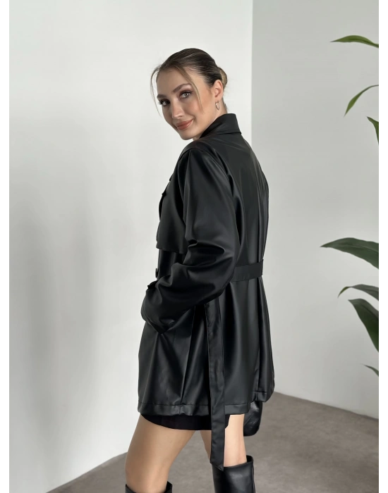 Ara boy belinden kuşaklı deri trenç siyah