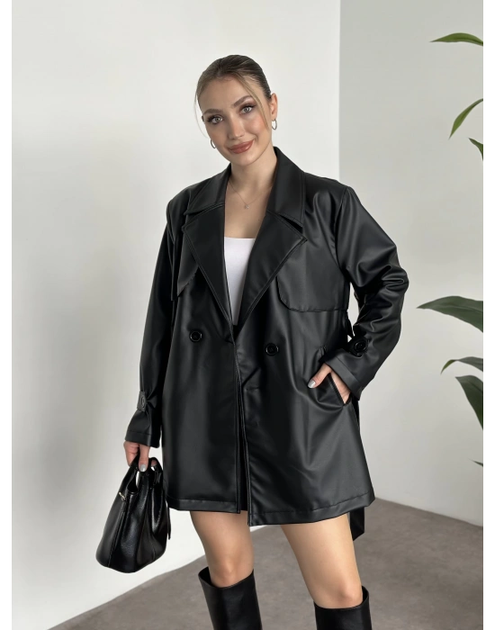 Ara boy belinden kuşaklı deri trenç siyah