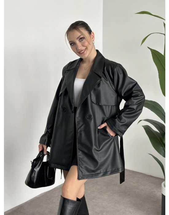 Ara boy belinden kuşaklı deri trenç siyah