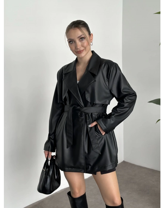 Ara boy belinden kuşaklı deri trenç siyah