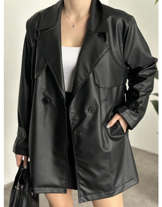 Ara boy belinden kuşaklı deri trenç siyah