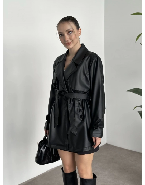 Ara boy belinden kuşaklı deri trenç siyah