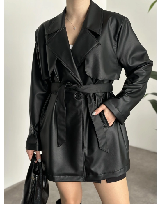 Ara boy belinden kuşaklı deri trenç siyah