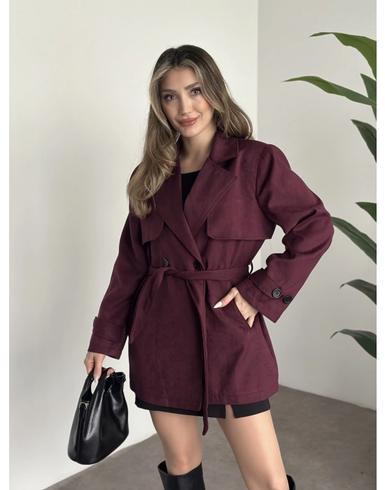 Ara boy belinden kuşaklı süet trençkot bordo
