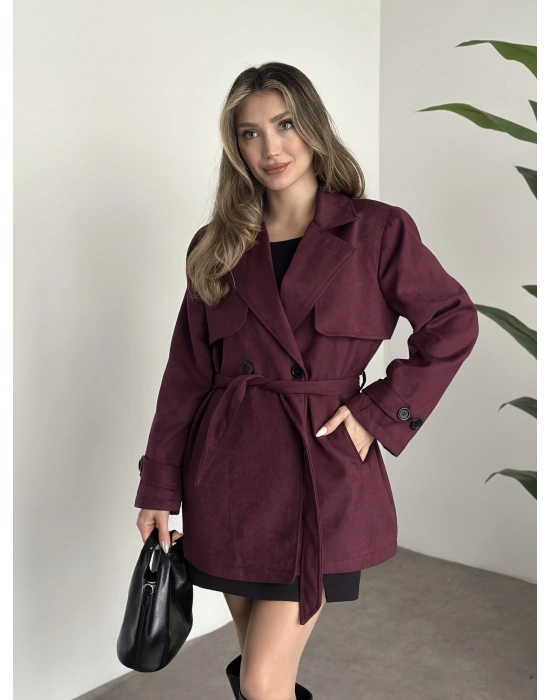 Ara boy belinden kuşaklı süet trençkot bordo