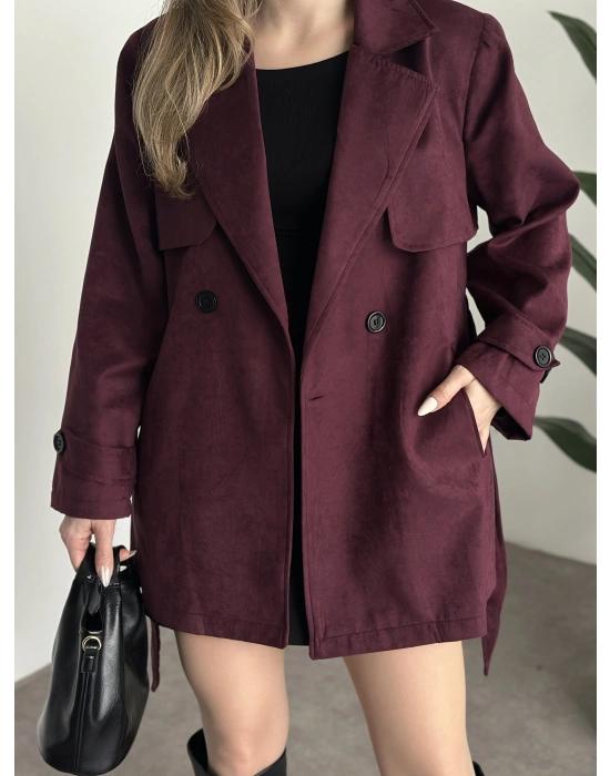 Ara boy belinden kuşaklı süet trençkot bordo