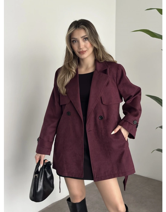 Ara boy belinden kuşaklı süet trençkot bordo