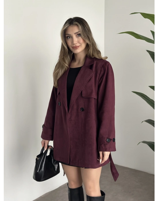 Ara boy belinden kuşaklı süet trençkot bordo