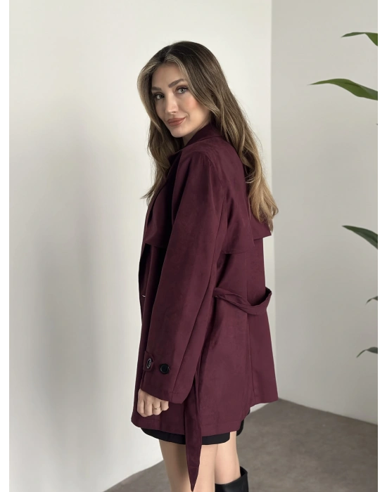 Ara boy belinden kuşaklı süet trençkot bordo