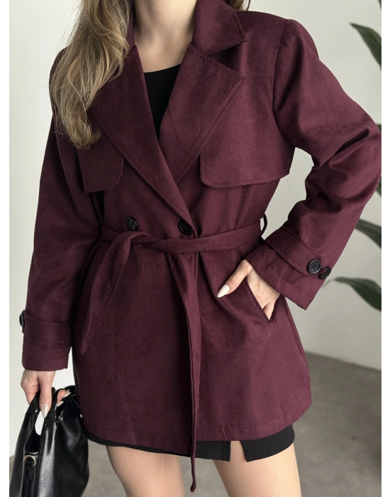 Ara boy belinden kuşaklı süet trençkot bordo