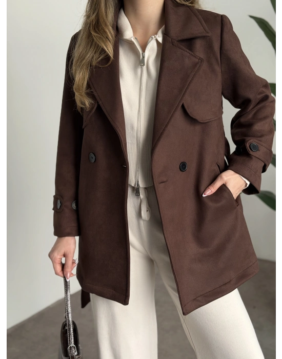 Ara boy belinden kuşaklı süet trençkot kahve