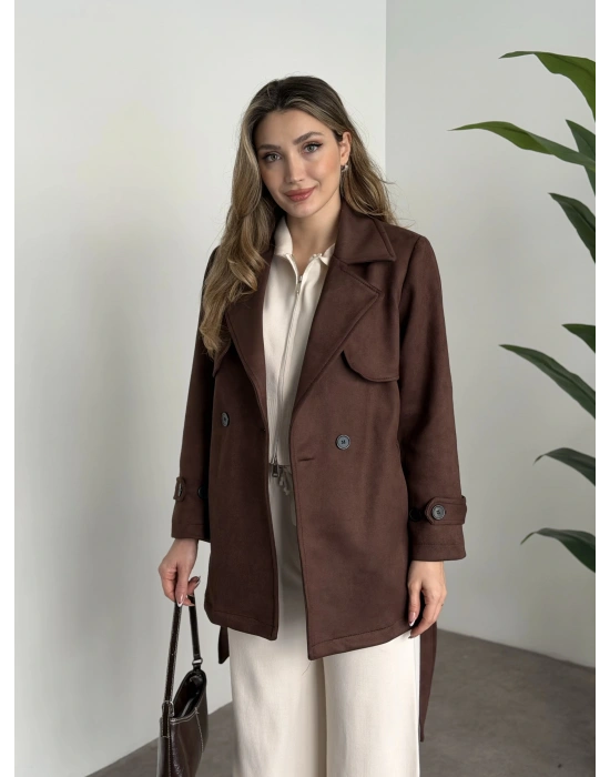 Ara boy belinden kuşaklı süet trençkot kahve