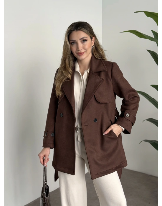 Ara boy belinden kuşaklı süet trençkot siyah