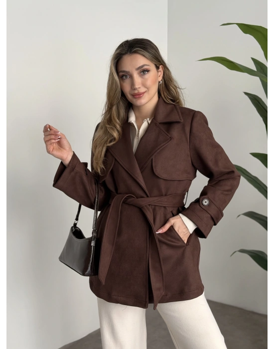 Ara boy belinden kuşaklı süet trençkot siyah