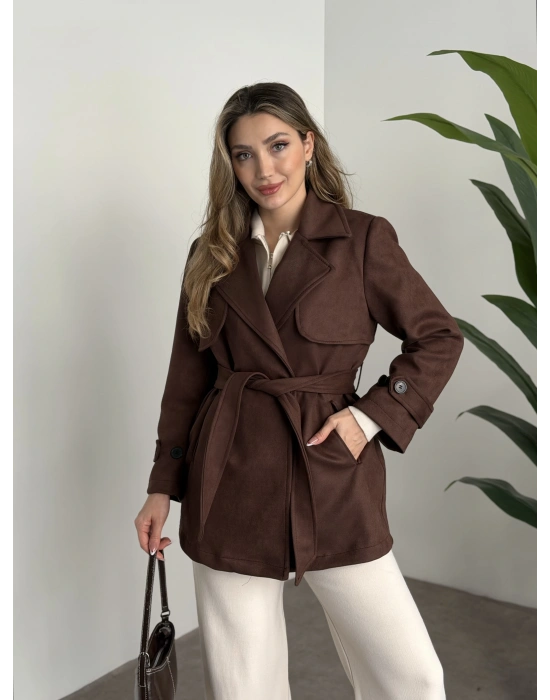 Ara boy belinden kuşaklı süet trençkot siyah