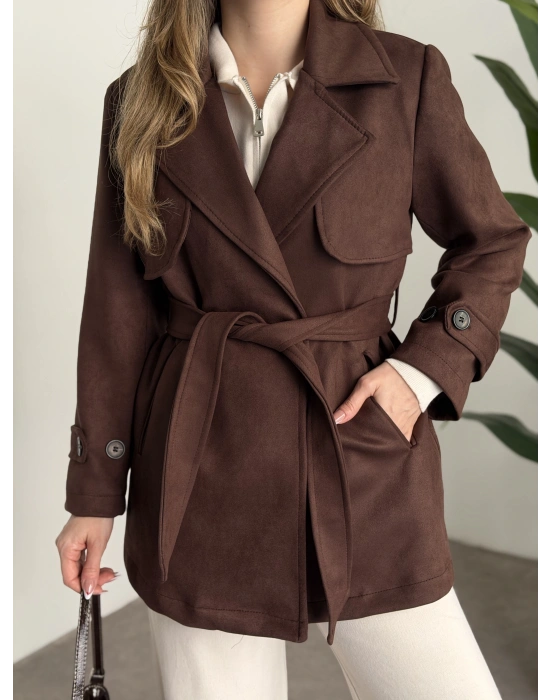 Ara boy belinden kuşaklı süet trençkot siyah