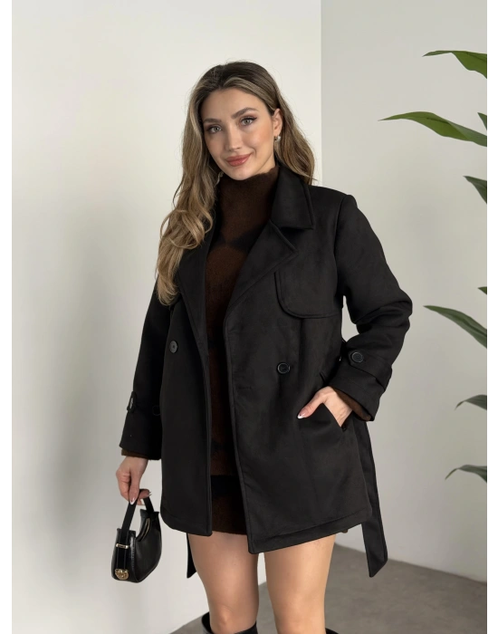 Ara boy belinden kuşaklı süet trençkot siyah