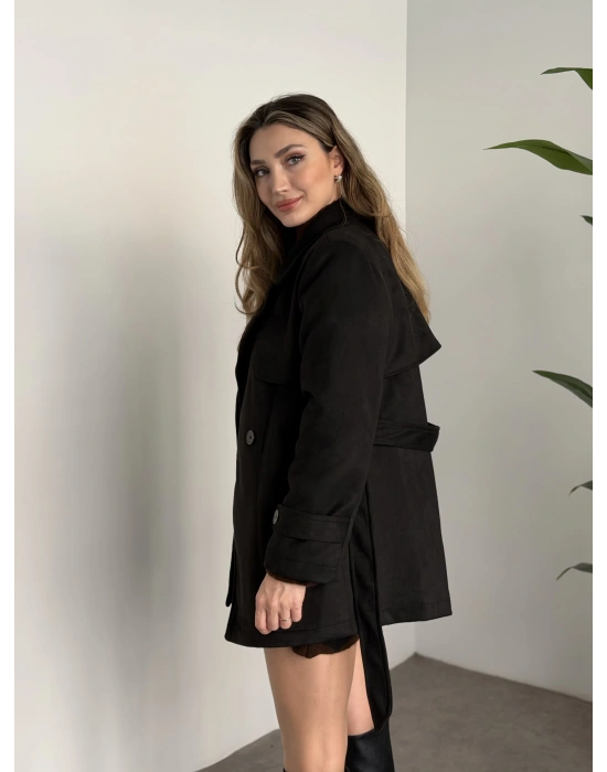 Ara boy belinden kuşaklı süet trençkot siyah