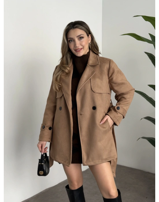 Ara boy belinden kuşaklı süet trençkot camel