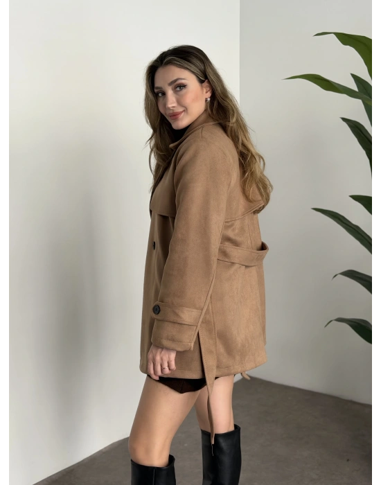 Ara boy belinden kuşaklı süet trençkot camel