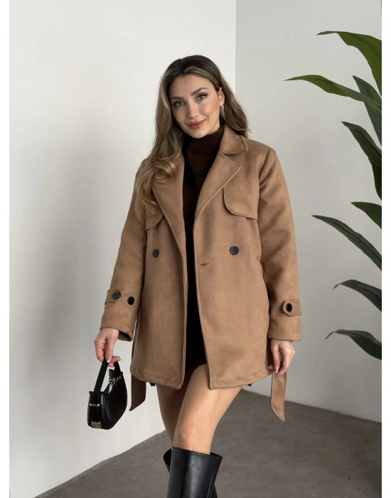 Ara boy belinden kuşaklı süet trençkot camel