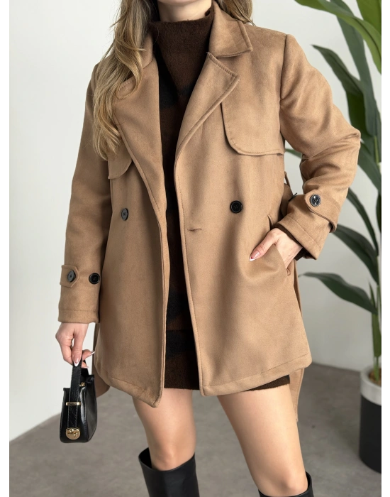 Ara boy belinden kuşaklı süet trençkot camel