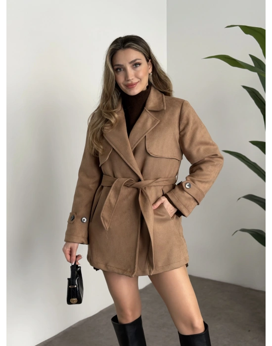 Ara boy belinden kuşaklı süet trençkot camel