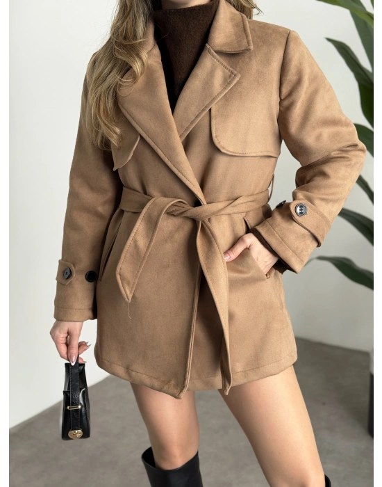 Ara boy belinden kuşaklı süet trençkot camel