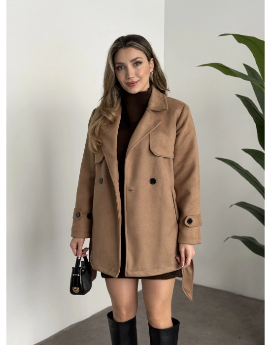 Ara boy belinden kuşaklı süet trençkot camel