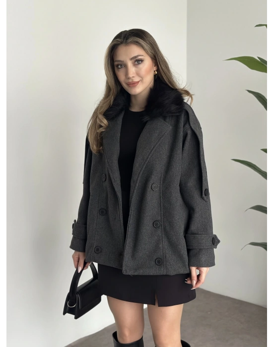 Ara boy bol kesim yakası kürk detaylı kaşe kaban antrasit