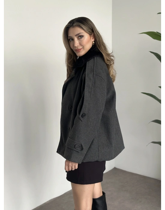 Ara boy bol kesim yakası kürk detaylı kaşe kaban antrasit