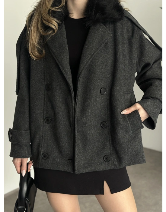 Ara boy bol kesim yakası kürk detaylı kaşe kaban antrasit