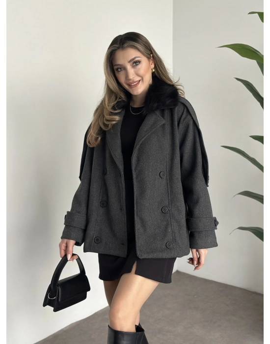 Ara boy bol kesim yakası kürk detaylı kaşe kaban antrasit