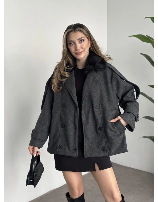 Ara boy bol kesim yakası kürk detaylı kaşe kaban antrasit