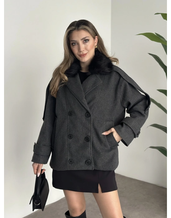Ara boy bol kesim yakası kürk detaylı kaşe kaban antrasit