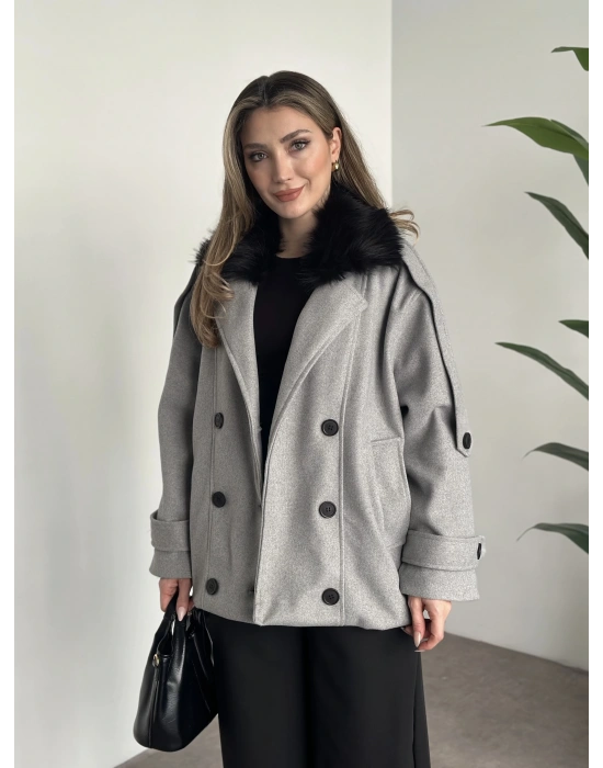 Ara boy bol kesim yakası kürk detaylı kaşe kaban gri