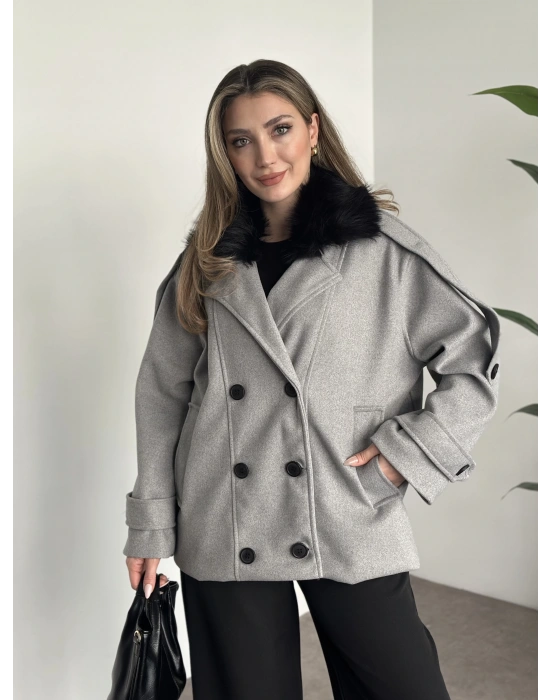 Ara boy bol kesim yakası kürk detaylı kaşe kaban gri