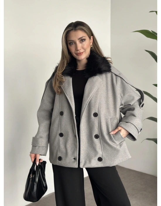 Ara boy bol kesim yakası kürk detaylı kaşe kaban gri