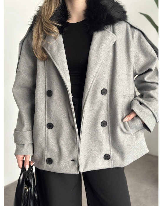 Ara boy bol kesim yakası kürk detaylı kaşe kaban gri