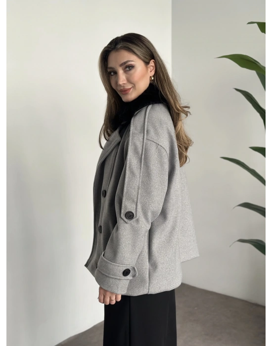 Ara boy bol kesim yakası kürk detaylı kaşe kaban gri