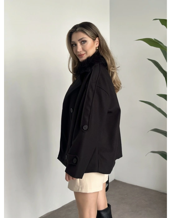 Ara boy bol kesim yakası kürk detaylı kaşe kaban siyah