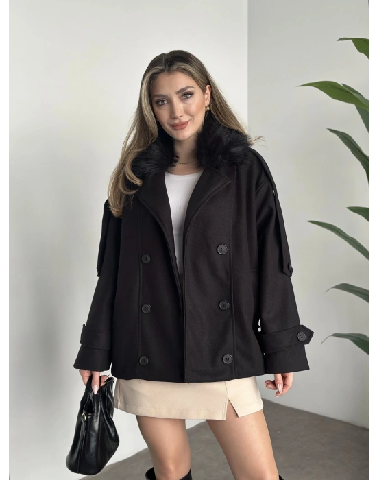 Ara boy bol kesim yakası kürk detaylı kaşe kaban siyah