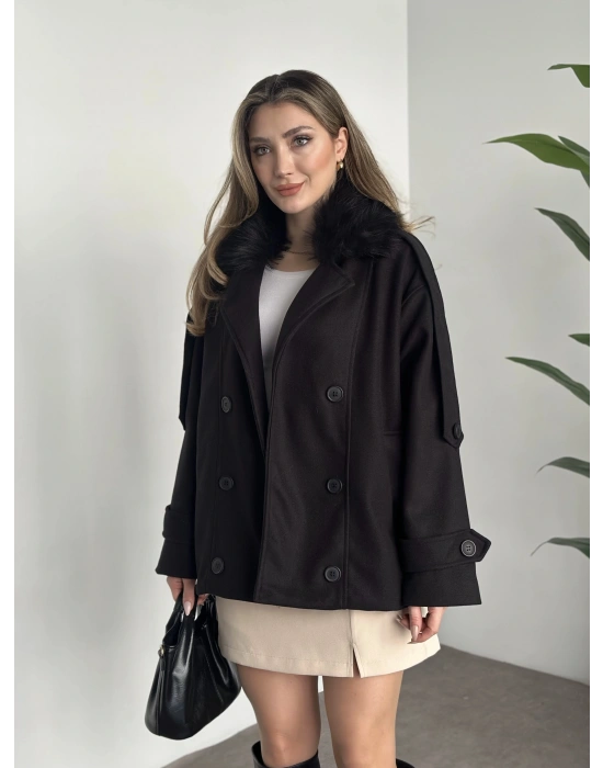 Ara boy bol kesim yakası kürk detaylı kaşe kaban siyah