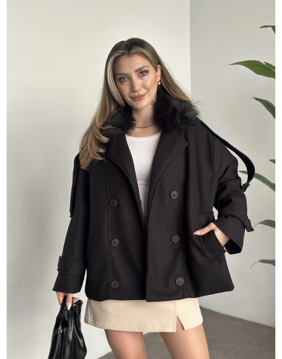 Ara boy bol kesim yakası kürk detaylı kaşe kaban siyah