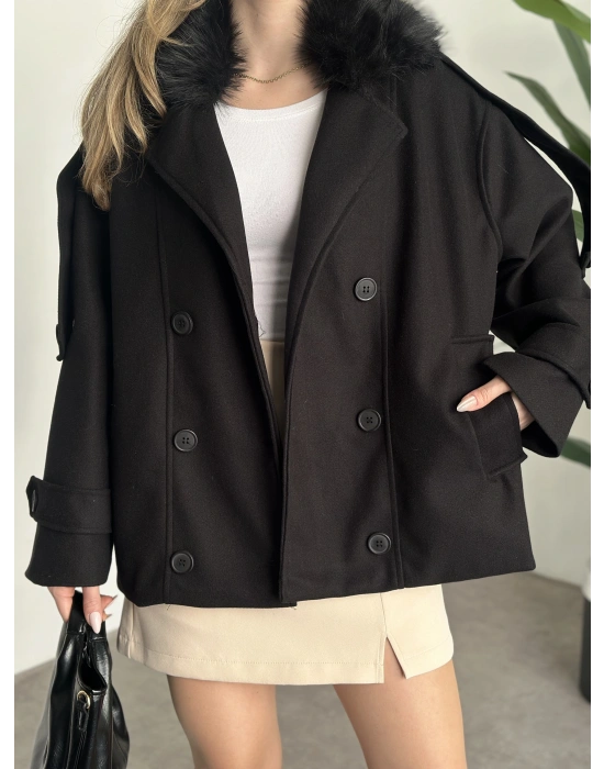 Ara boy bol kesim yakası kürk detaylı kaşe kaban siyah