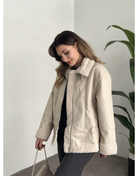 Ara boy dışı deri içi peluş mont taş