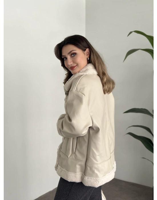 Ara boy dışı deri içi peluş mont taş