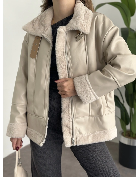 Ara boy dışı deri içi peluş mont taş